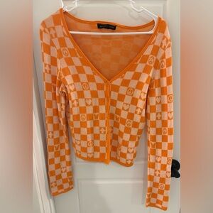 Y2K Social Scene Orange Checkered Love Peace Cardigan Size XL
